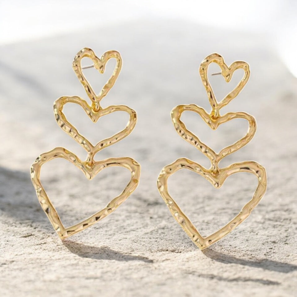 Triple Heart Gold Earrings