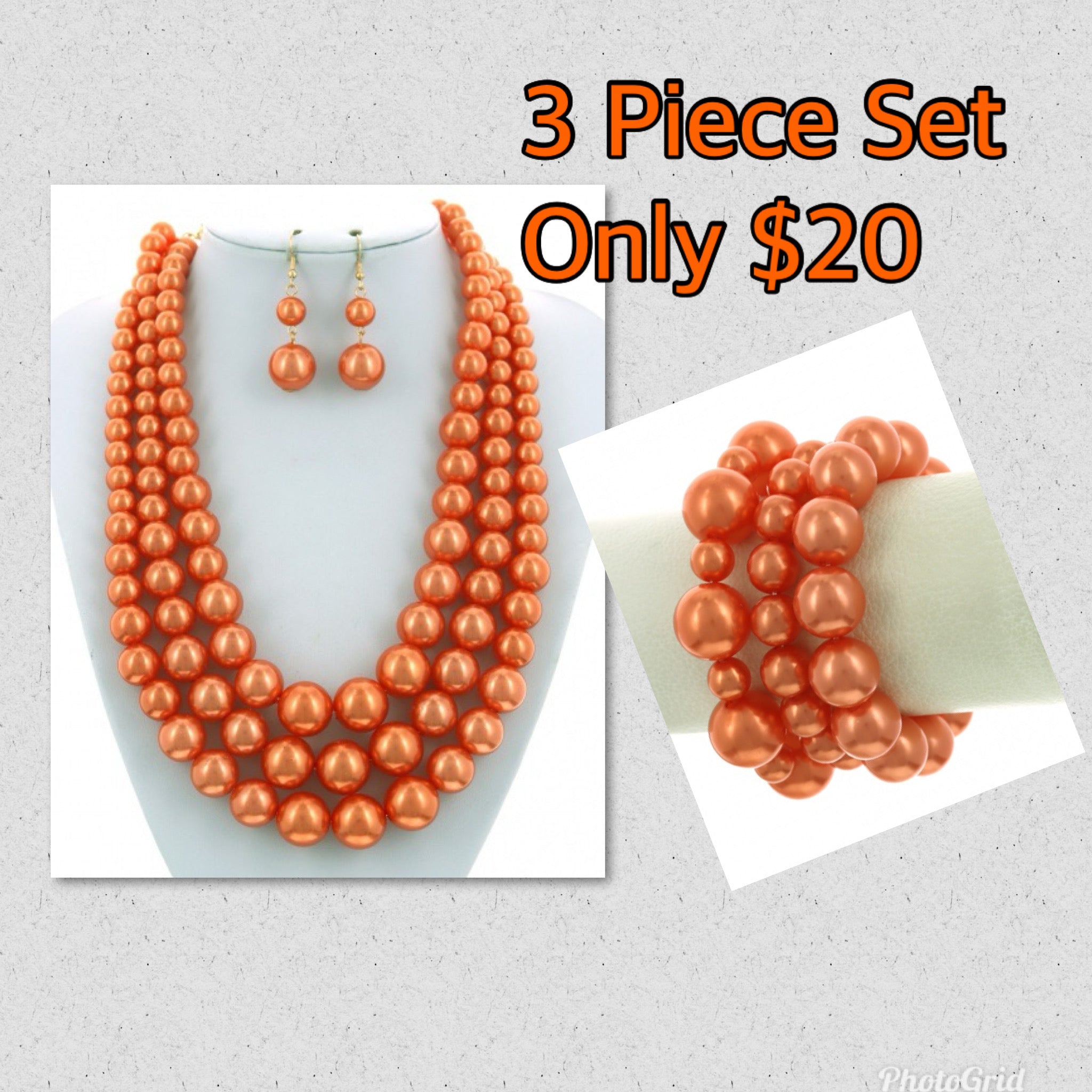 Orange Pearls Necklace and Bracelet Set